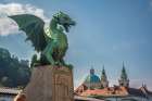 Slovenia, Ljubljana. Statue on Dragon Bridge. Art Print